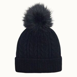 Black Cable Knit PomPom Beanie with Cuff and Fleece Lining, Cozy Winterwear, NWT
